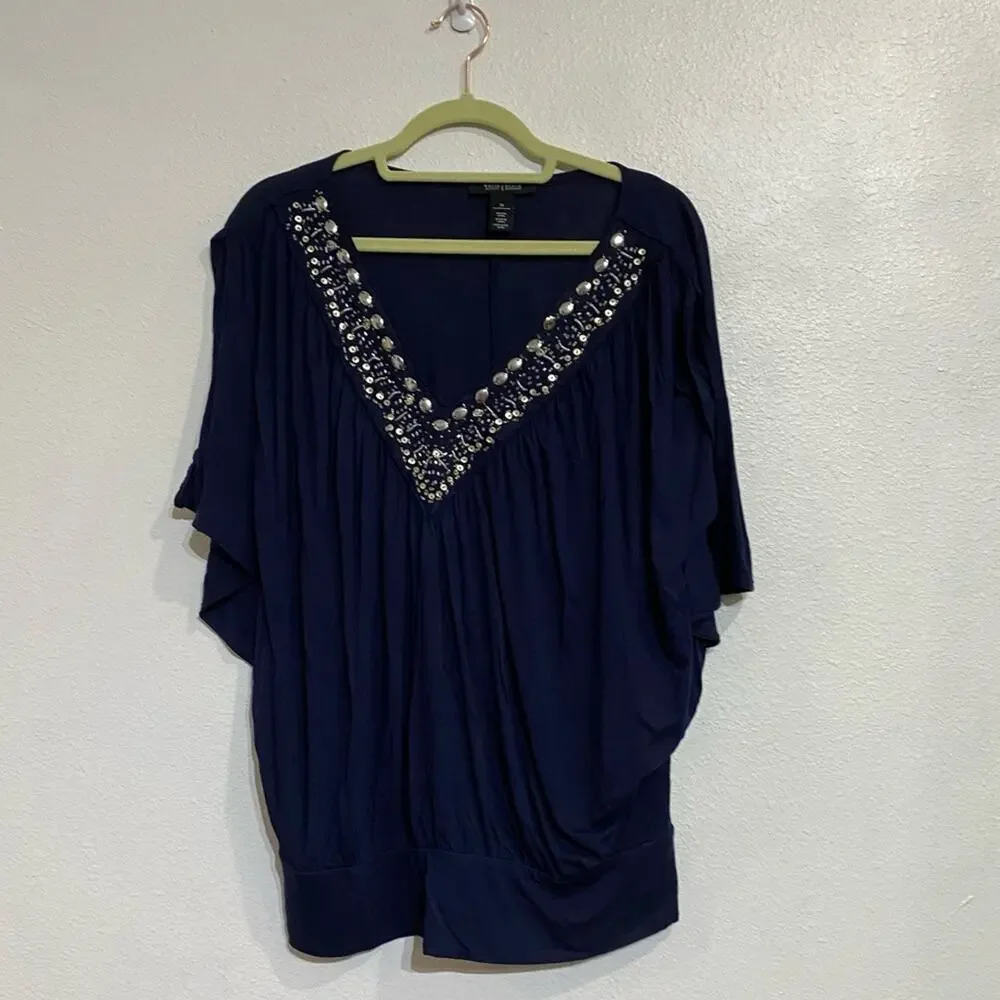 White House Black Market Navy Embellished Trim V-Neck Blouse Sz M